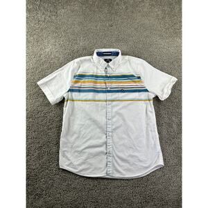 Sperry Shirt Mens M White Blue Stretch Short Sleeve Cotton Blend Button Up FLAW